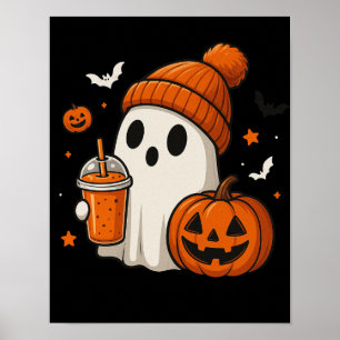 Niedlicher Halloween-Geist mit Pumpkin und Drink Poster