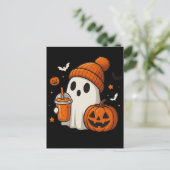 Niedlicher Halloween-Geist mit Pumpkin und Drink Postkarte (Stehend Vorderseite)