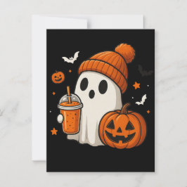 Niedlicher Halloween-Geist mit Pumpkin und Drink Postkarte