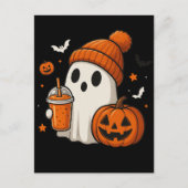 Niedlicher Halloween-Geist mit Pumpkin und Drink Postkarte (Vorderseite)