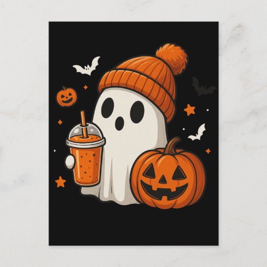 Niedlicher Halloween-Geist mit Pumpkin und Drink Postkarte (Vorderseite)
