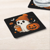 Niedlicher Halloween-Geist mit Pumpkin und Drink Rechteckiger Pappuntersetzer (angewinkelt)
