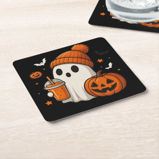 Niedlicher Halloween-Geist mit Pumpkin und Drink Rechteckiger Pappuntersetzer (angewinkelt)