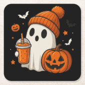 Niedlicher Halloween-Geist mit Pumpkin und Drink Rechteckiger Pappuntersetzer (Vorderseite)