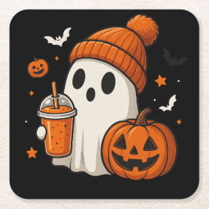 Niedlicher Halloween-Geist mit Pumpkin und Drink Rechteckiger Pappuntersetzer