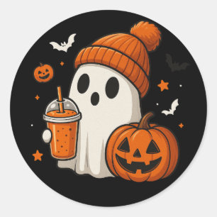 Niedlicher Halloween-Geist mit Pumpkin und Drink Runder Aufkleber