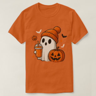 Niedlicher Halloween-Geist mit Pumpkin und Drink T-Shirt