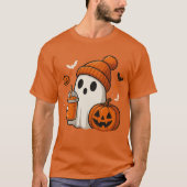 Niedlicher Halloween-Geist mit Pumpkin und Drink T-Shirt (Vorderseite)