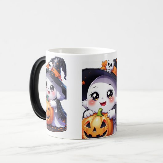 Niedlicher Halloween-Geist mit Pumpkin Verwandlungstasse (Vorderseite Links)