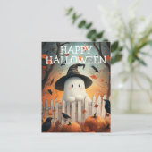 Niedlicher Halloween-Geist mit Pumpkins und Krähen Postkarte (Stehend Vorderseite)