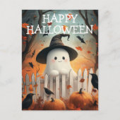 Niedlicher Halloween-Geist mit Pumpkins und Krähen Postkarte (Vorderseite)