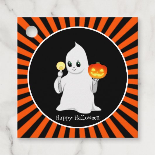 Niedlicher Halloween-Geist und Kürbis auf schwarz  Geschenkanhänger (Vorderseite)