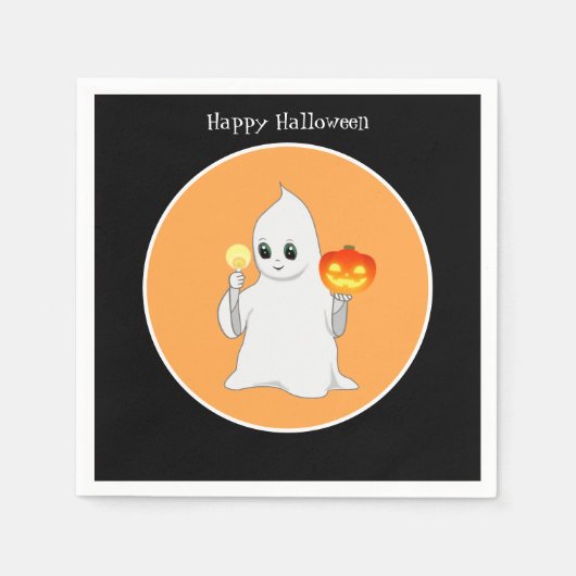 Niedlicher Halloween Ghost & Pumpkin auf Black & O Serviette (Vorderseite)