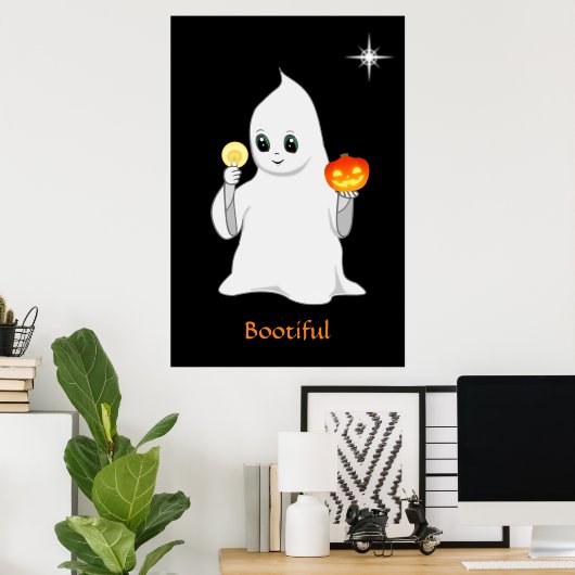 Niedlicher Halloween Ghost & Pumpkin auf Black Poster (Heimbüro)