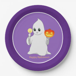 Niedlicher Halloween Ghost & Pumpkin auf Lila Pappteller
