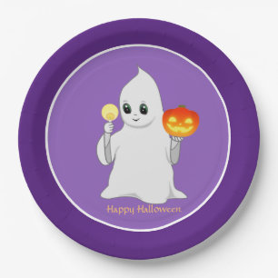 Niedlicher Halloween Ghost & Pumpkin auf Lila Pappteller