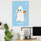 Niedlicher Halloween Ghost & Pumpkin on Light Blue Poster (Heimbüro)