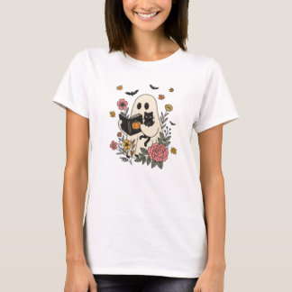 Niedlicher Halloween Ghost und Black Cat Floral T T-Shirt