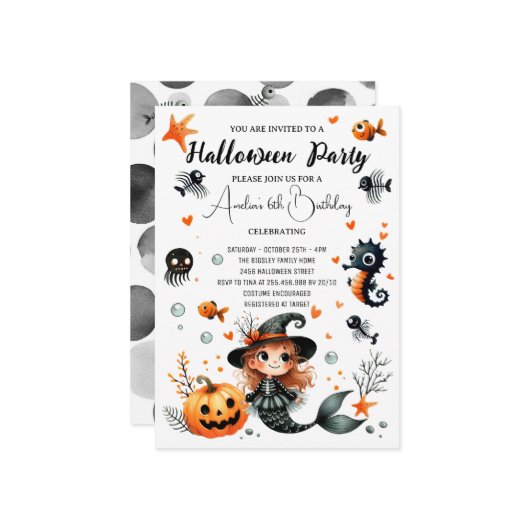 Niedlicher Halloween Kindergeburtstag Spooky Merma Einladung (Vorderseite/Rückseite Beispiel)