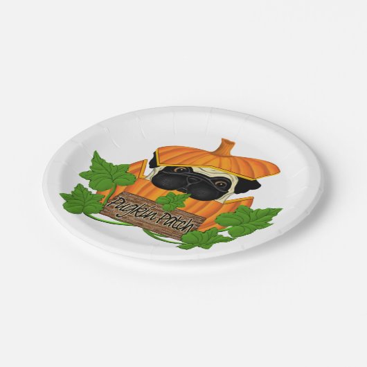 Niedlicher Halloween Mops Pugkin Pumpkin Pappteller (Schrägansicht)