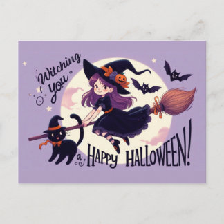 Niedlicher Halloween Pun mit Hexe und Katze Postkarte