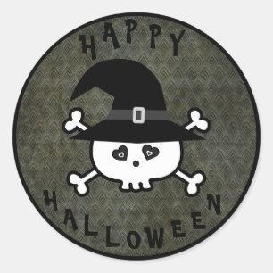 Niedlicher Halloween-Schädel mit Hexe-Hut Runder Aufkleber