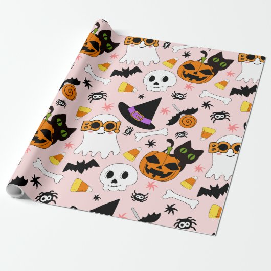 Niedlicher Halloween Seamless Pattern Ghost Cat Pu Geschenkpapier (Ungerollt)