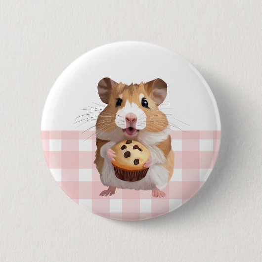 Niedlicher Hamster mit Muffin Pink Gingham Karo Button (Vorderseite)