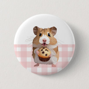Niedlicher Hamster mit Muffin Pink Gingham Karo Button