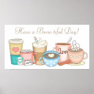 Niedlicher, handgezogener Kaffee und heißer Kakao Poster