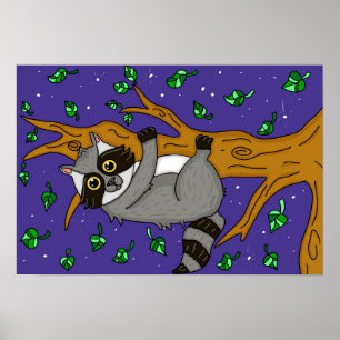 Niedlicher, handgezogener Raccoon aus Baumzweig Poster