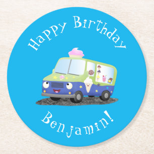 Niedlicher Happy Eis LKW Cartoon Runder Pappuntersetzer