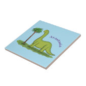 Niedlicher Happy Green Brontosaurus Dinosaurier Ca Fliese (Seite)