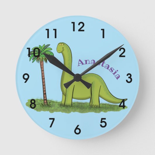 Niedlicher Happy Green Brontosaurus Dinosaurier Ca Runde Wanduhr (Vorderseite)