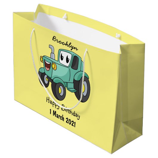 Niedlicher Happy Green Traktor Cartoon Große Geschenktüte (Rückseite Schrägansicht)