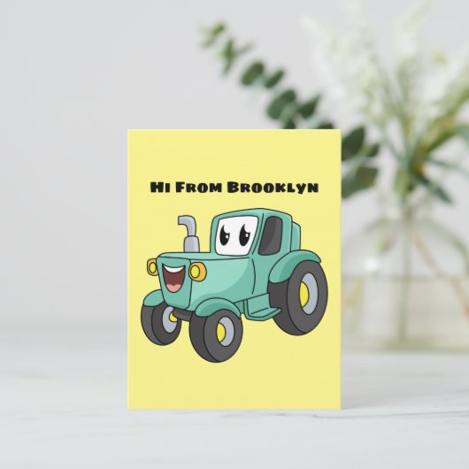 Niedlicher Happy Green Traktor Cartoon Postkarte (Stehend Vorderseite)