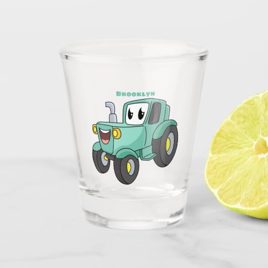 Niedlicher Happy Green Traktor Cartoon Schnapsglas (Vorderseite)