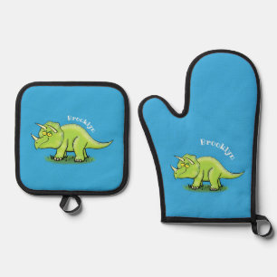 Niedlicher Happy Green Triceratops Dinosaurier Car Ofenhandschuh & Topflappen-Set
