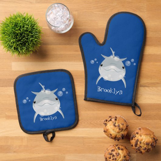 Niedlicher Happy-Kawaii-Delphin-Cartoon Ofenhandschuh & Topflappen-Set (Oben Unten)
