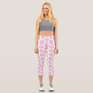 Niedlicher Happy-Pink-Glattleder-Donut-Cartoon Capri Leggings