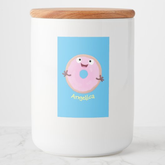 Niedlicher Happy-Pink-Glattleder-Donut-Cartoon Lebensmitteletikett (Vorderseite)
