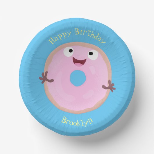 Niedlicher Happy-Pink-Glattleder-Donut-Cartoon Pappteller (Vorderseite)