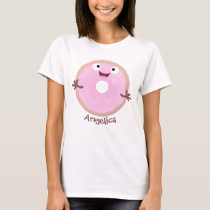 Niedlicher Happy-Pink-Glattleder-Donut-Cartoon T-Shirt