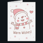 Niedlicher Happy Snowman mit Scarf, warme Wünsche<br><div class="desc">Ein niedlicher,  glücklicher Schneemann mit einem Weihnachtshut und gestreiftem Schal. Die Meldung lautet "Warme Wünsche". Ein glücklicher Weihnachtsdoodle,  an den man nicht anders lächeln kann. Im Inneren der Karte befindet sich ein Misteldoodle.</div>