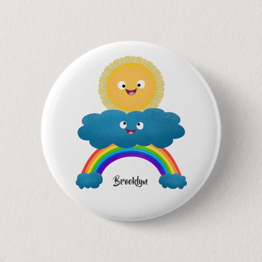 Niedlicher Happy Sun Cloud Regenbogen Cartoon Button (Vorderseite)