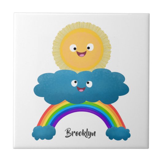 Niedlicher Happy Sun Cloud Regenbogen Cartoon Fliese (Vorderseite)
