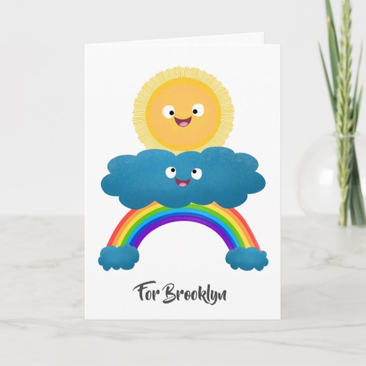 Niedlicher Happy Sun Cloud Regenbogen Cartoon Karte (Vorderseite)