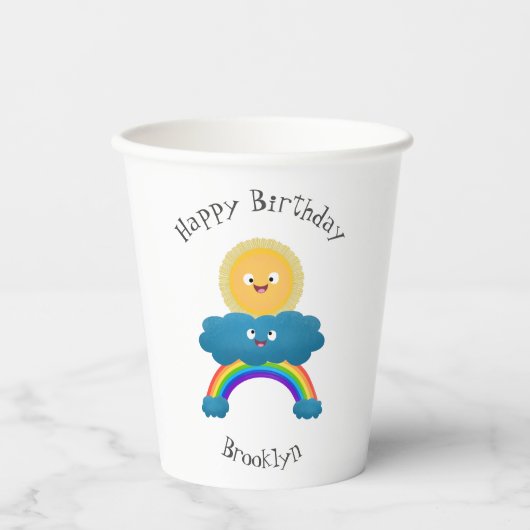 Niedlicher Happy Sun Cloud Regenbogen Cartoon Pappbecher (Vorderseite)