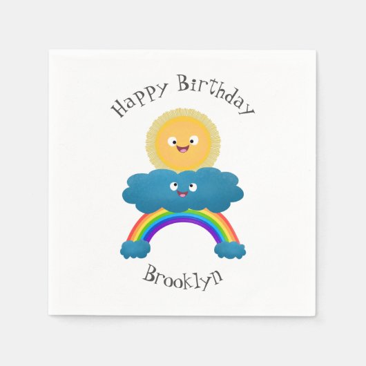 Niedlicher Happy Sun Cloud Regenbogen Cartoon Serviette (Vorderseite)