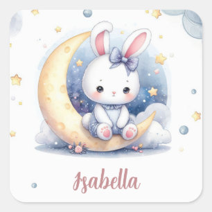 niedlicher Hase auf dem Mond Quadratischer Aufkleber